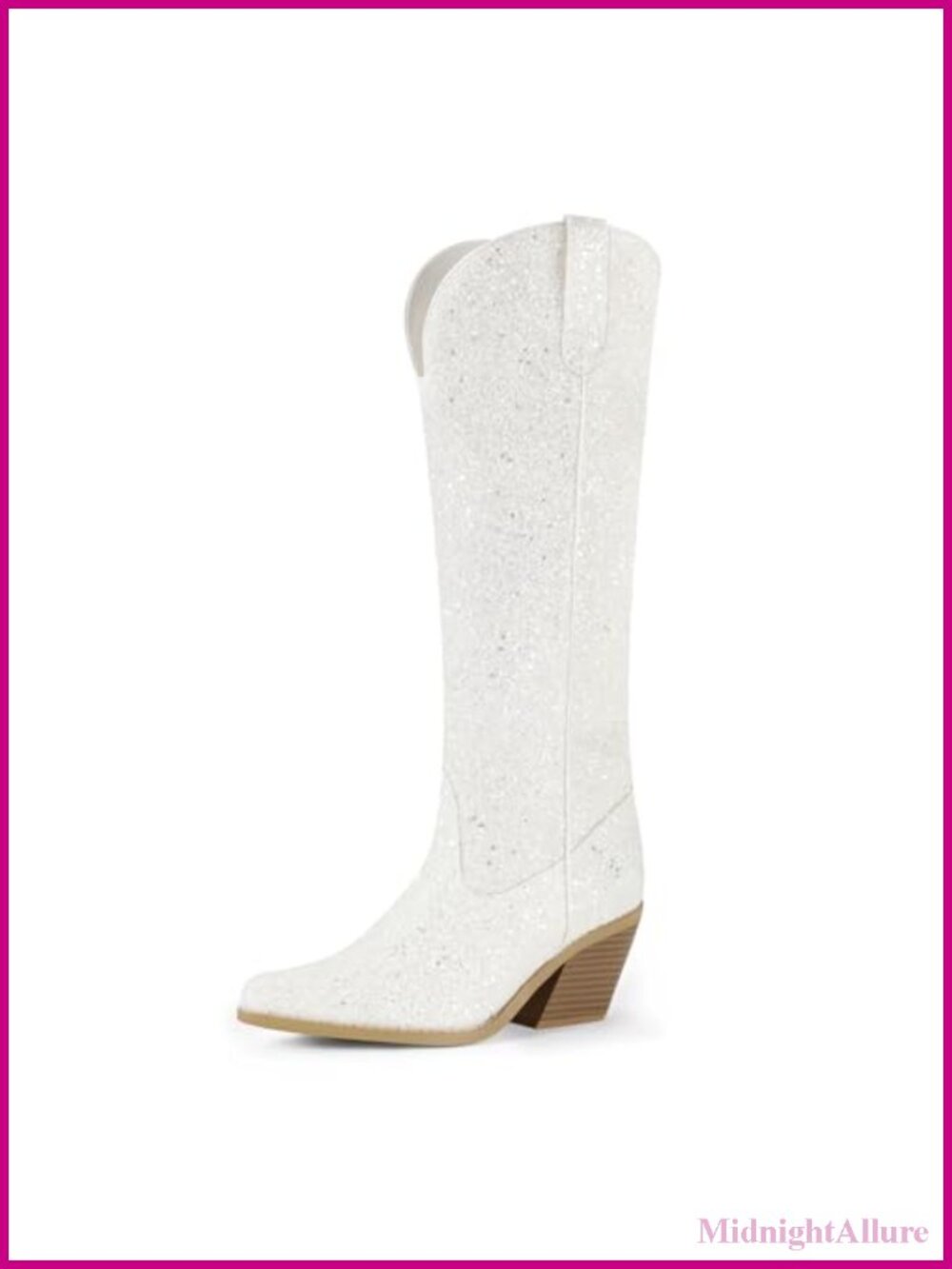 Sparkly Sequin Knee High Cowboy Boots Pointed Toe Block Heel